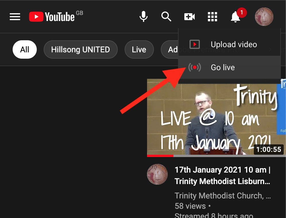Screen shot of youtube showing the button to go live